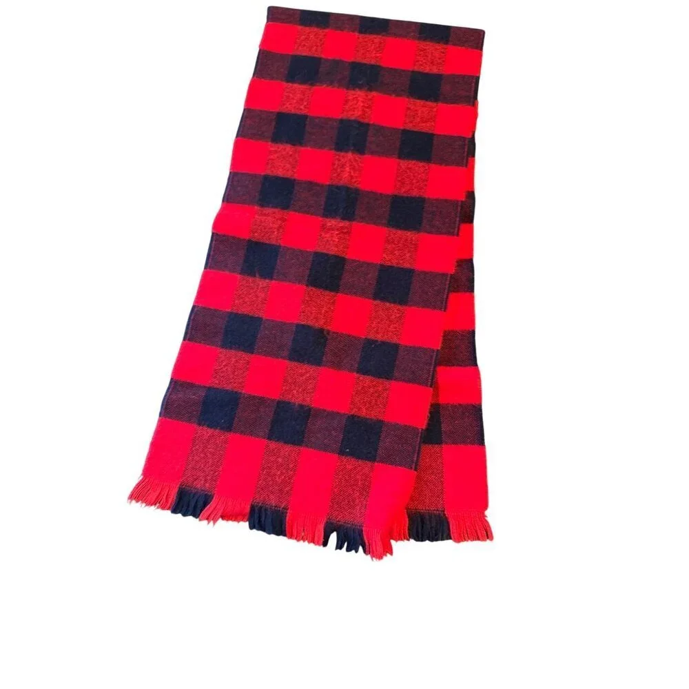 Buffalo Plaid Red & Black Wool Blend Scarf With Fringed Edges For Men & Women